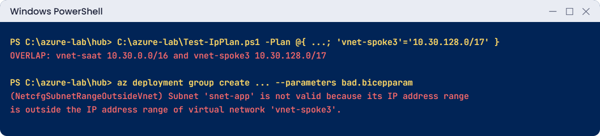 Hub-and-spoke network errors: overlapping range and subnet outside its VNet
