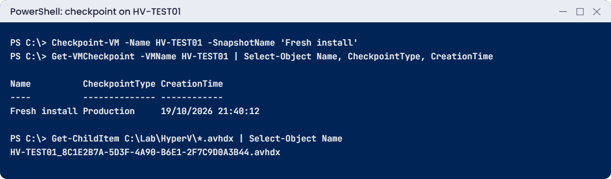 Hyper-V lab: production checkpoint and its AVHDX file
