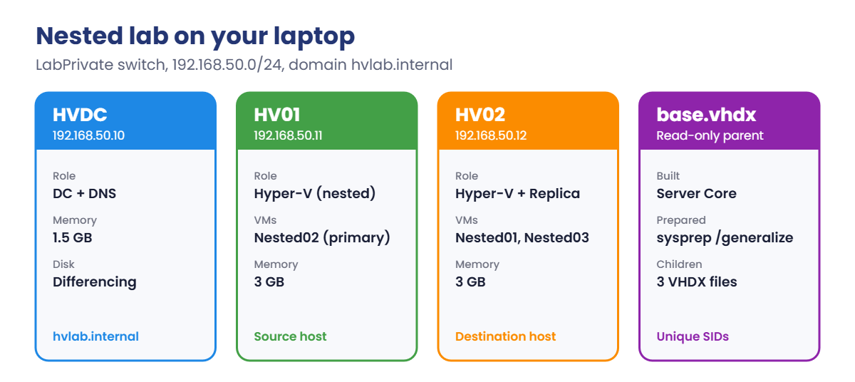 Hyper-V live migration nested lab: HVDC, HV01, HV02 and a sysprepped base disk