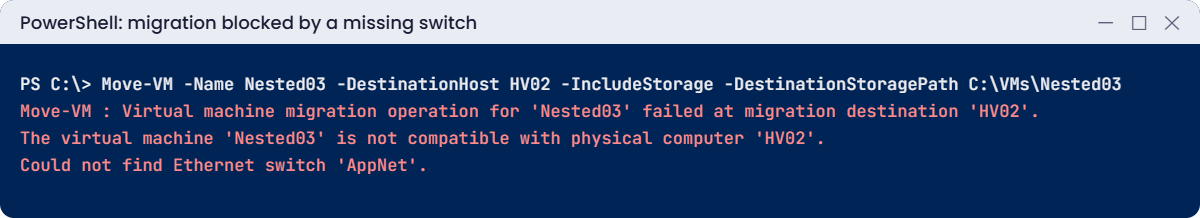 Hyper-V live migration lab: Could not find Ethernet switch error