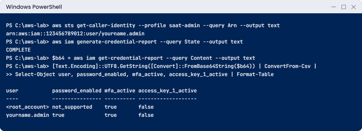 IAM Identity Center lesson lab: admin user check and credential report
