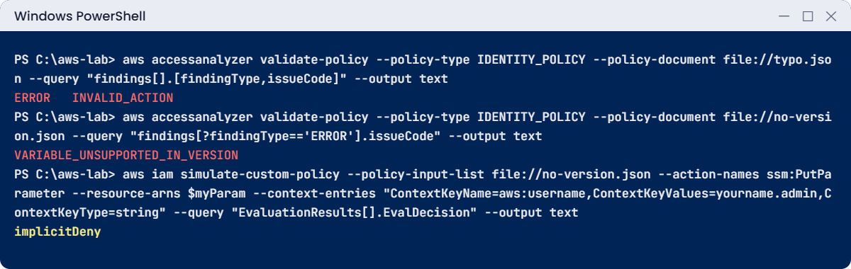 IAM policy examples break lab: invalid action and a missing Version