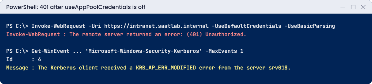 IIS web server lab: 401 Unauthorized and KRB_AP_ERR_MODIFIED event
