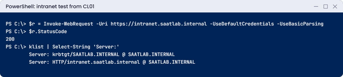 IIS web server lab: status 200 and an HTTP/intranet Kerberos ticket on CL01