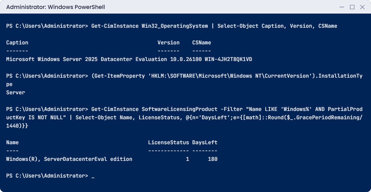 Install Windows Server 2025 checks in PowerShell: caption, installation type and evaluation days