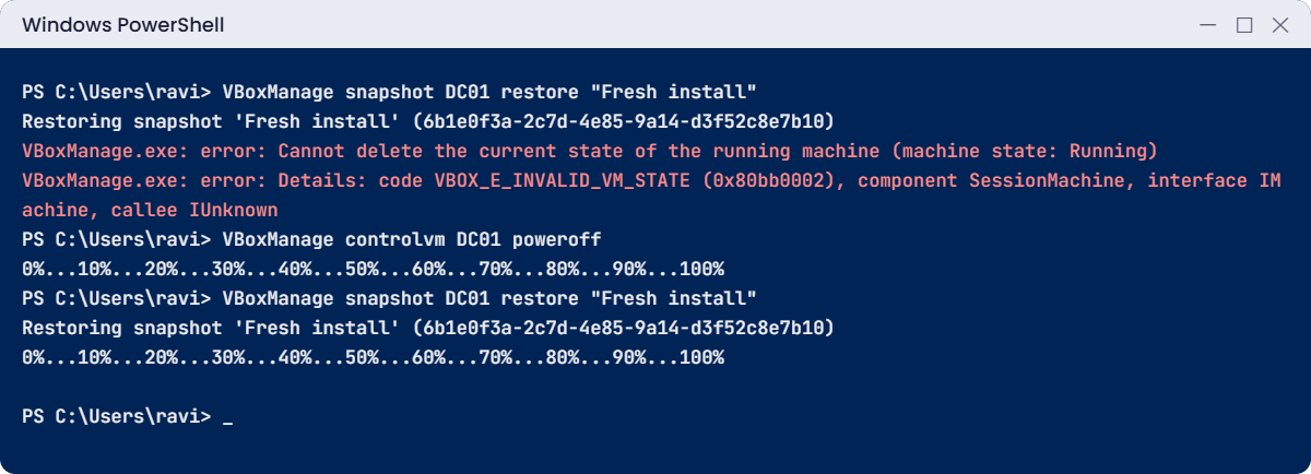 Install Windows Server 2025 lab: snapshot restore fails while the VM is running