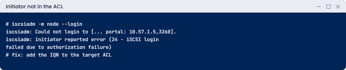 iSCSI login error 24 authorization failure