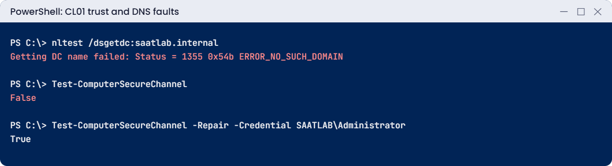 Join computer to domain lab: nltest 1355 error and Test-ComputerSecureChannel repair