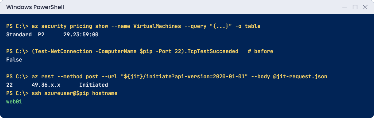 Just-in-time VM access lab: port 22 closed, requested, then open for one IP