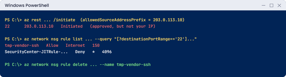 Just-in-time VM access problems: wrong source IP and a bypass rule