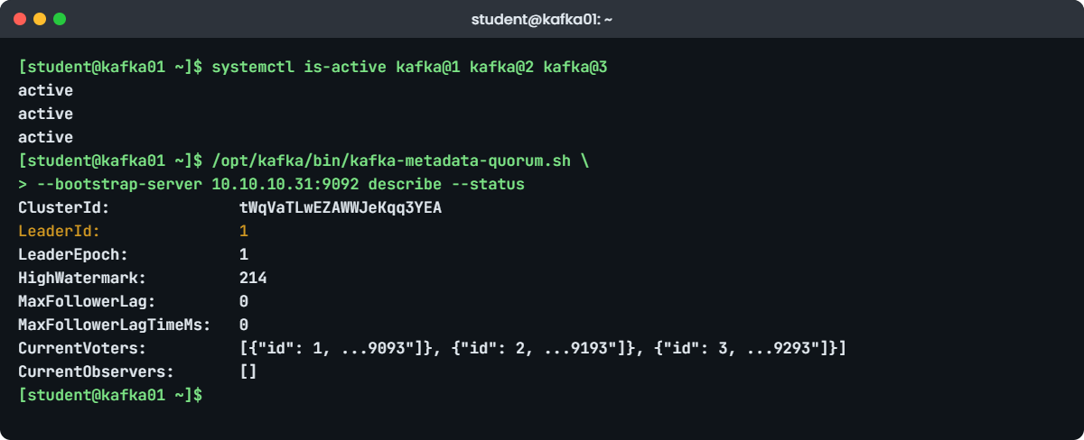 Kafka KRaft setup lab: systemctl and kafka-metadata-quorum describe on kafka01