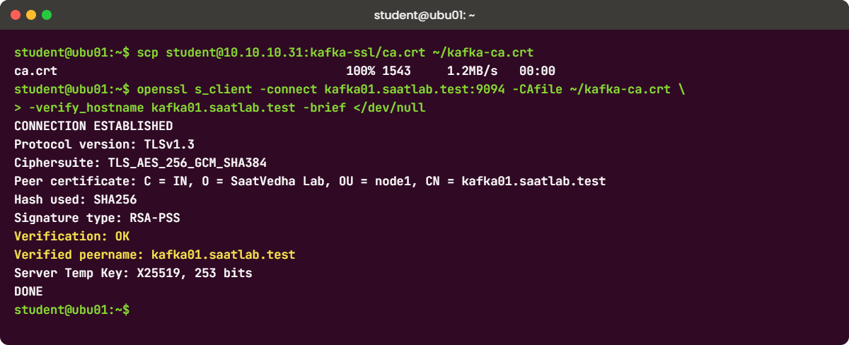 Kafka SSL SASL lab: openssl s_client verification of kafka01 from ubu01