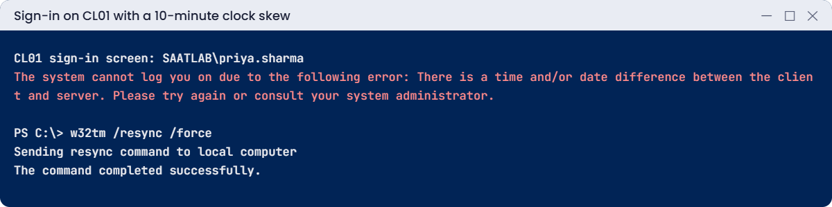 Kerberos authentication lab: time and date difference error from clock skew