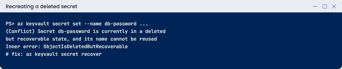 Conflict error when recreating a soft-deleted Key Vault secret