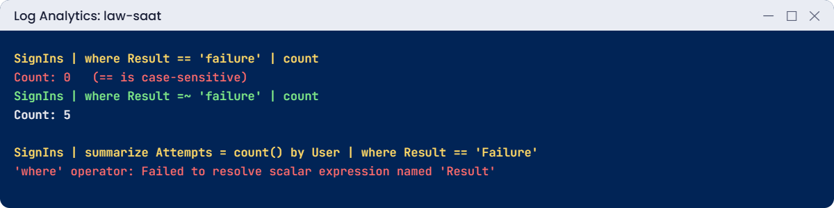 KQL queries errors: case-sensitive match and a column dropped by summarize