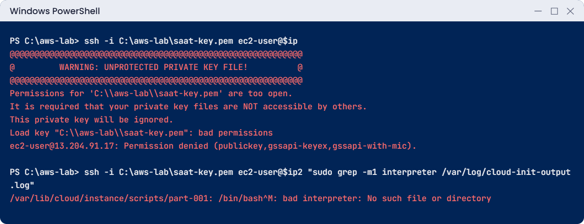 Launch EC2 instance break lab: open key permissions and CRLF user data