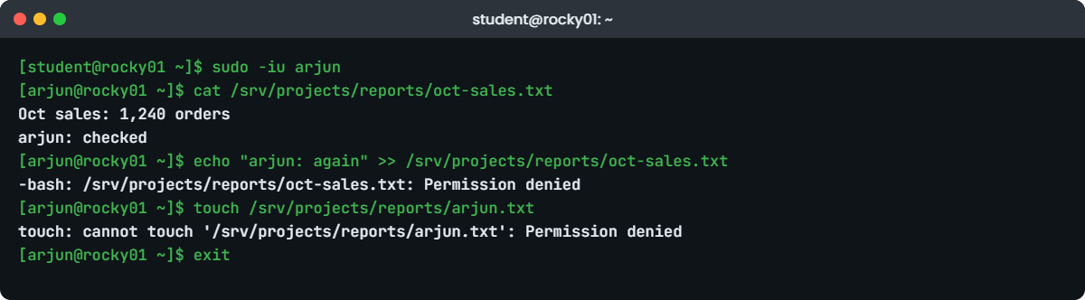Linux ACL lab: arjun reads but cannot write the sales report on rocky01