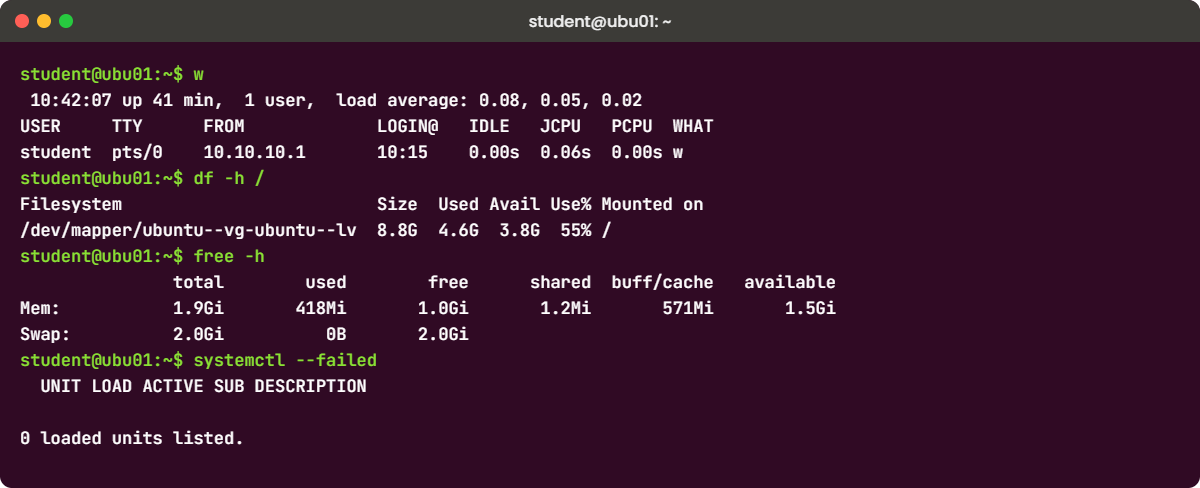 Linux administrator health check on ubu01: w, df -h, free -h and systemctl --failed output