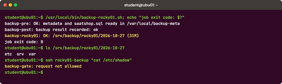 Linux backup agent lab: the backup job from ubu01 with pre and post scripts on rocky01