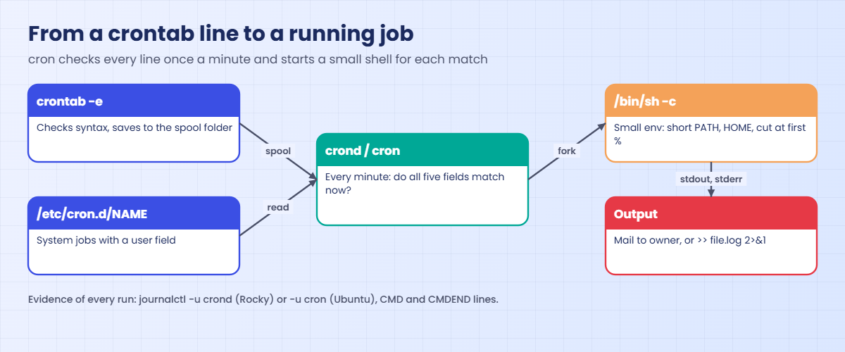 Linux cron jobs: how a crontab line becomes a running job with a small environment