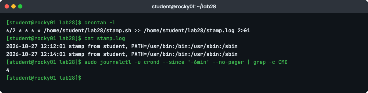 Linux cron jobs lab: crontab -l, job log and CROND journal lines on rocky01
