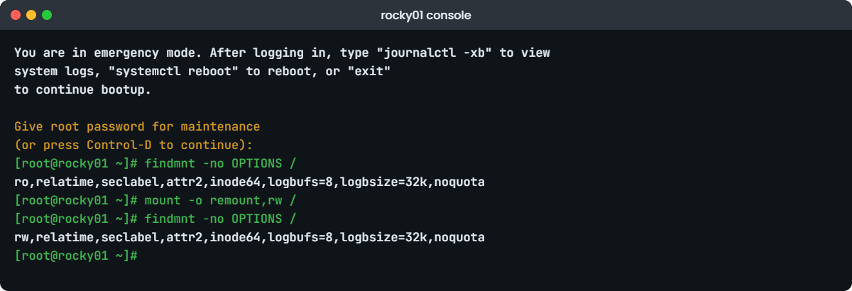 Linux emergency mode lab: the root password prompt on the rocky01 console