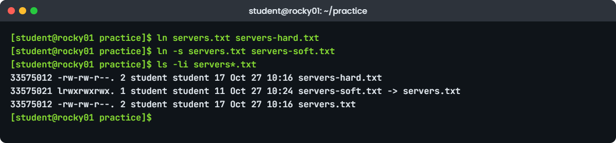 Linux file commands lab output: ls -li with a hard link and a soft link on rocky01