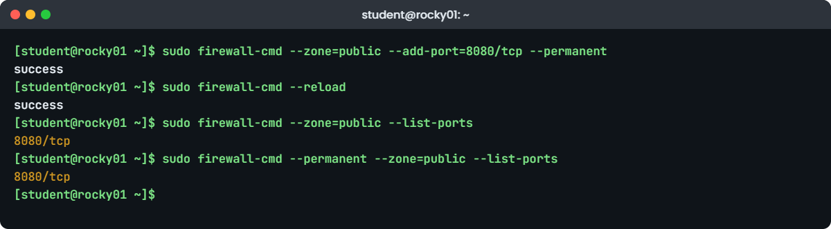 Linux firewall lab: firewall-cmd opening port 8080 on rocky01