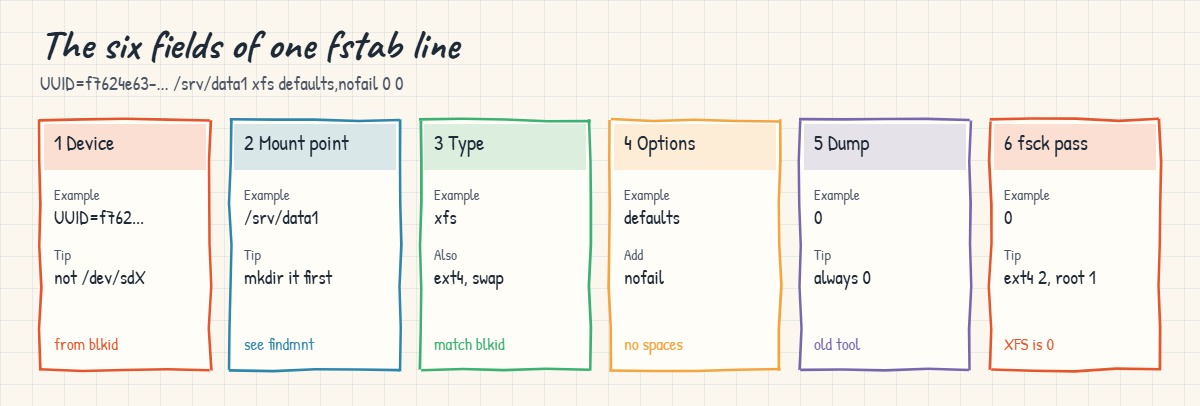 Linux fstab: the six fields of an fstab line explained