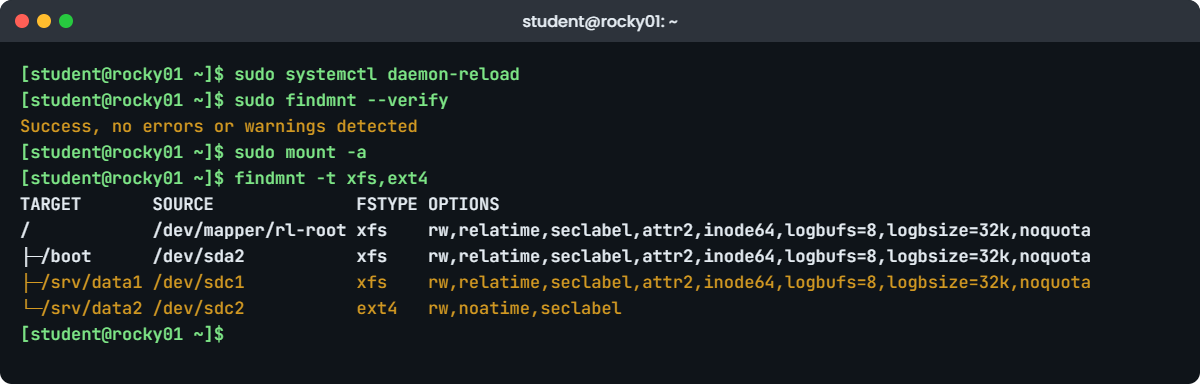 Linux fstab lab: findmnt --verify and mount -a on rocky01