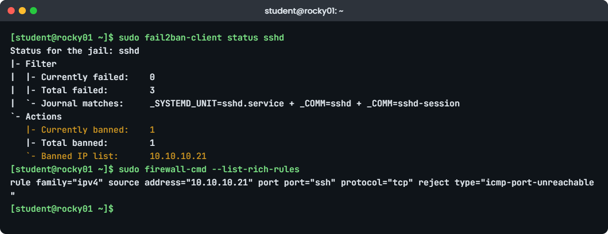 Linux hardening lab: fail2ban status showing a banned address on rocky01