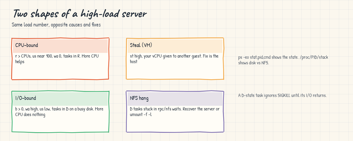 Linux high load average: CPU-bound versus I/O-bound shapes, plus steal and NFS