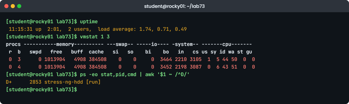 Linux high load average lab: vmstat showing blocked tasks and iowait on rocky01