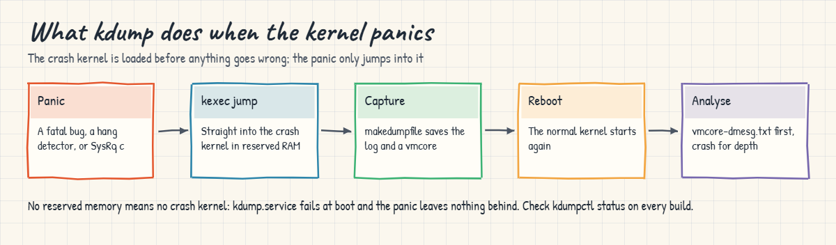 Linux kernel panic with kdump: panic, kexec into the crash kernel, save the vmcore, reboot, analyse