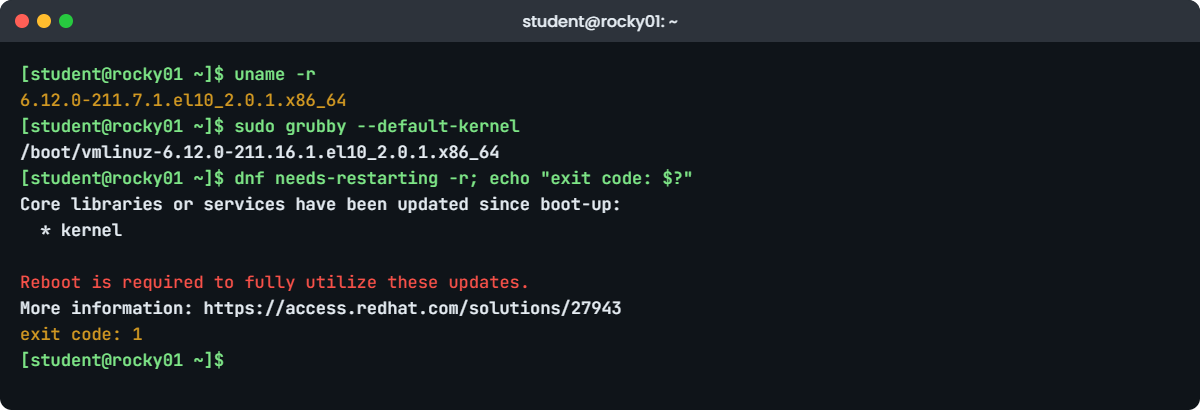 Linux kernel update lab: uname -r, grubby and needs-restarting on rocky01