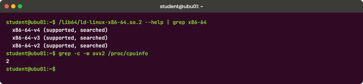 Linux lab setup check on ubu01: ld-linux shows x86-64-v3 supported and avx2 on both vCPUs