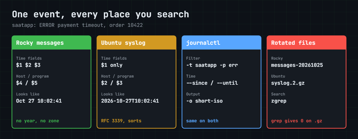 Linux log analysis: the same event in Rocky messages, Ubuntu syslog and journalctl