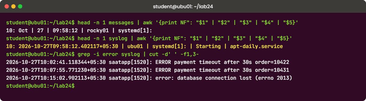 Linux log analysis lab: awk field numbers for Rocky and Ubuntu log formats