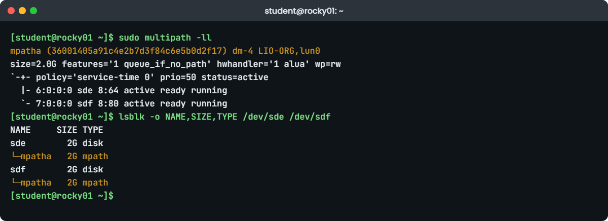 Linux multipath lab: multipath -ll showing mpatha with two active paths on rocky01