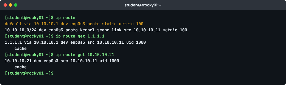 Linux networking basics lab: ip route and ip route get on rocky01