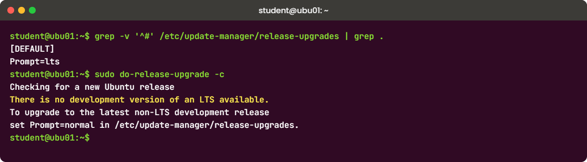 Linux OS upgrade lab: do-release-upgrade -c on ubu01