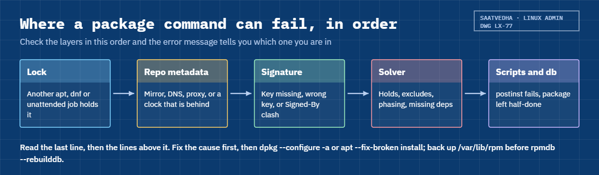 Linux package errors in order: lock, repository metadata, signature, solver and install scripts