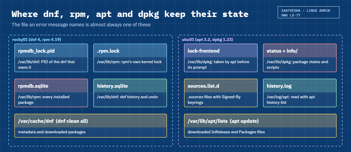 Linux package errors: where dnf, rpm, apt and dpkg keep locks, databases, caches and history