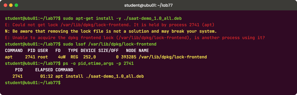 Linux package errors lab: dpkg lock-frontend error and lsof on ubu01