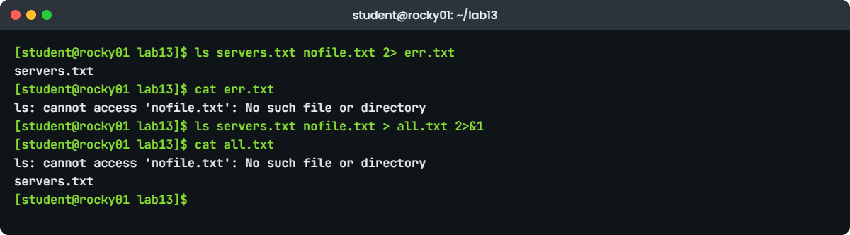Linux pipes and redirection lab output: 2> err.txt and > all.txt 2>&1 on rocky01″ class=”wp-image-8227″ width=”1200″ height=”332″ style=”width:100%;height:auto;border-radius:10px;” /><figcaption style=