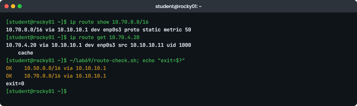 Linux static route persistent lab: route-check.sh after a reboot of rocky01