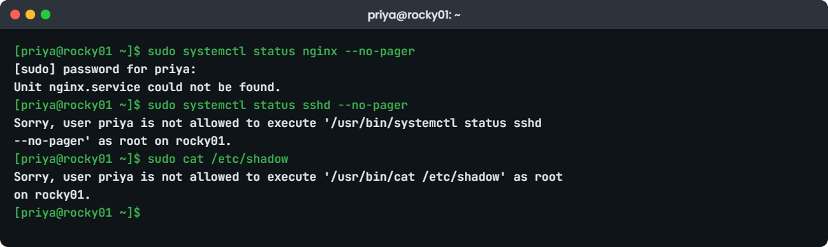 Linux sudo configuration lab: priya tests the webteam rule on rocky01
