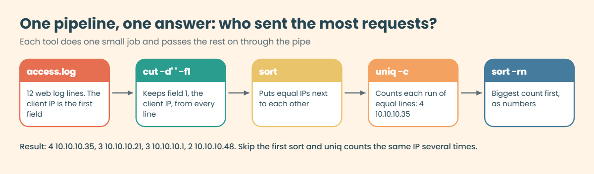 Linux text processing pipeline: cut, sort, uniq -c and sort -rn on an access log