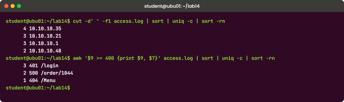 Linux text processing lab: top client IPs counted on ubu01