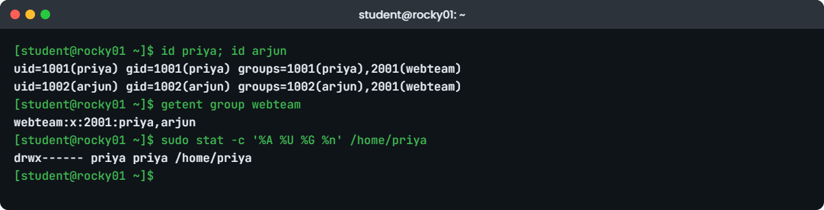 Linux user management lab: priya, arjun and webteam on rocky01
